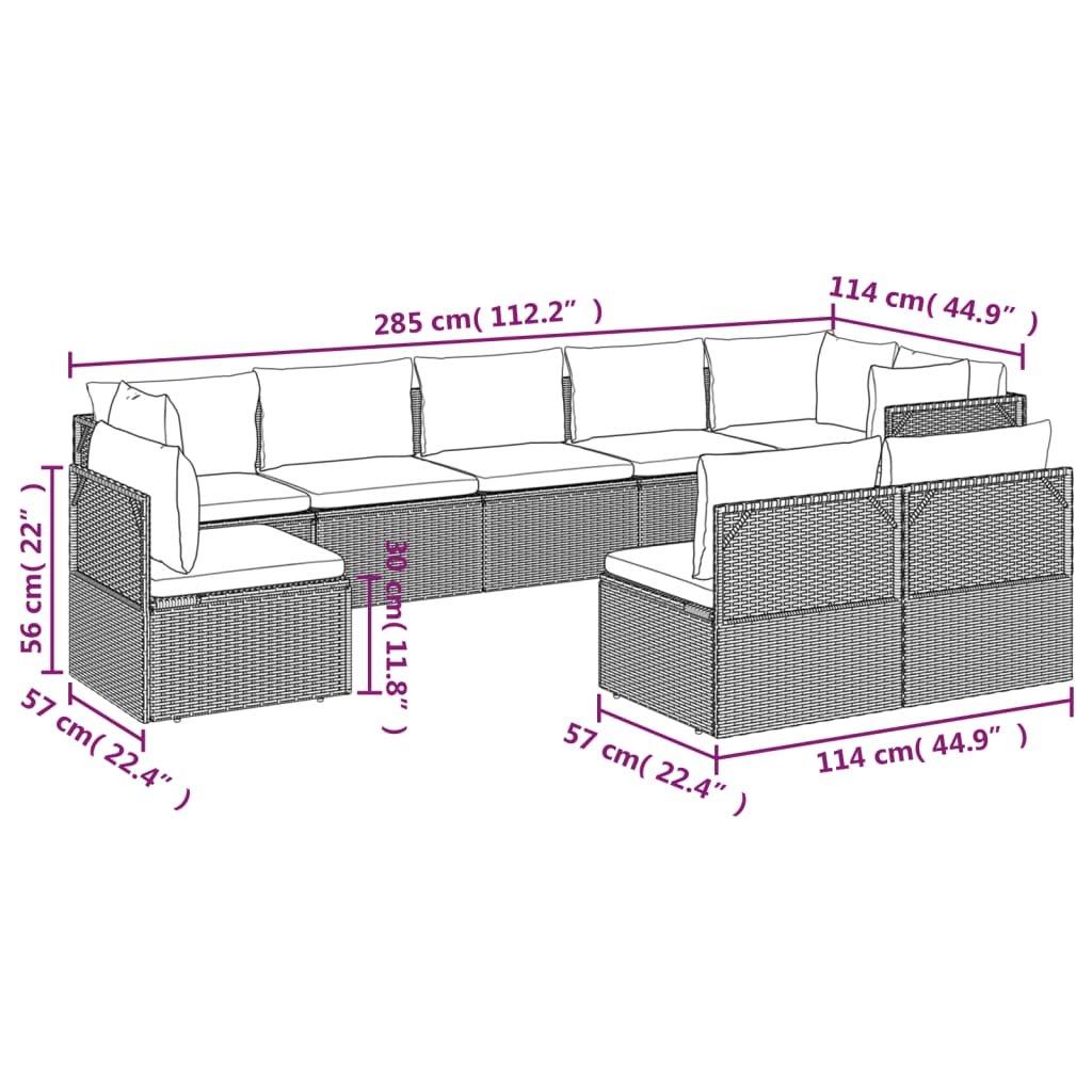9 Piece Garden Lounge Set with Cushions Grey Poly Rattan