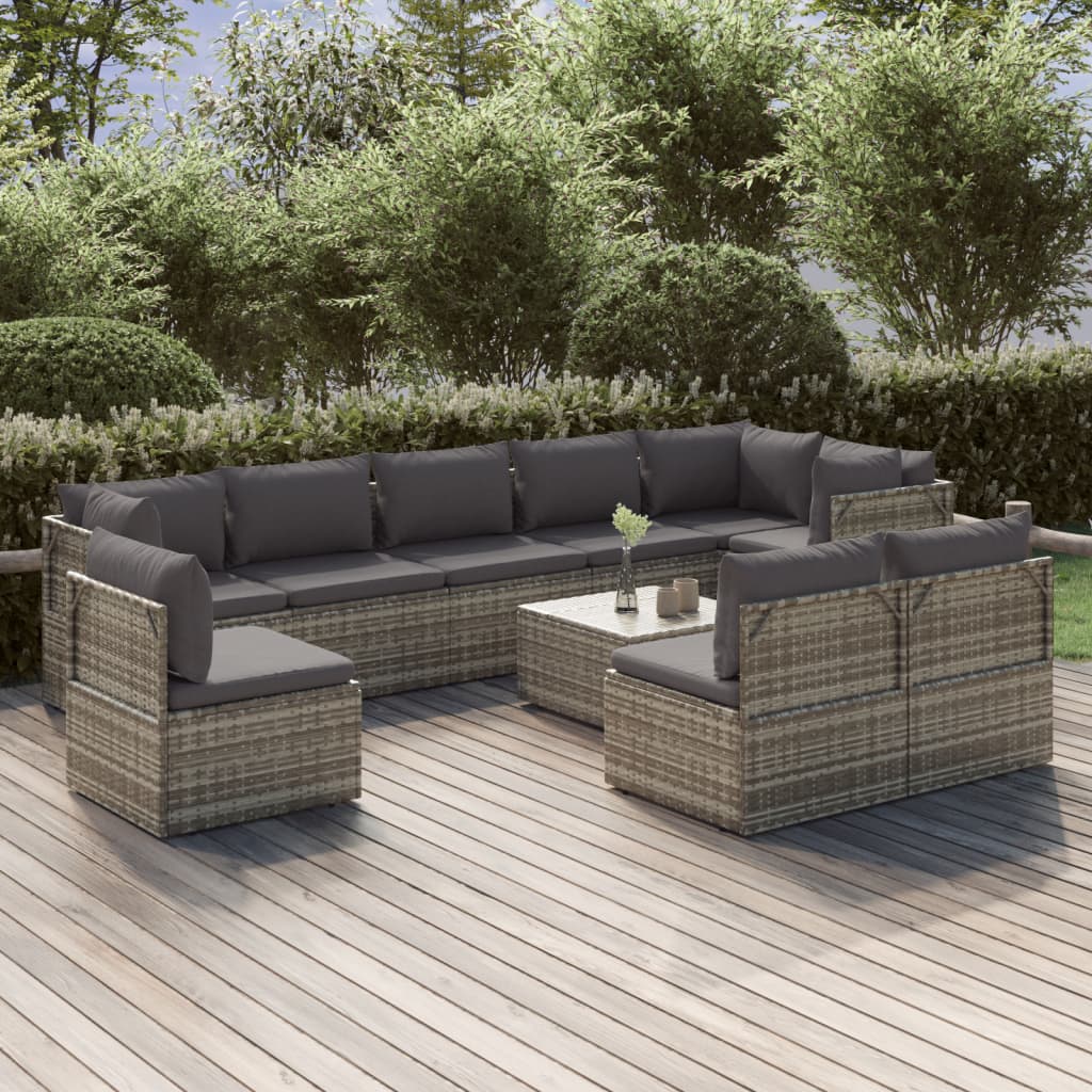 10 Piece Garden Lounge Set with Cushions Grey Poly Rattan