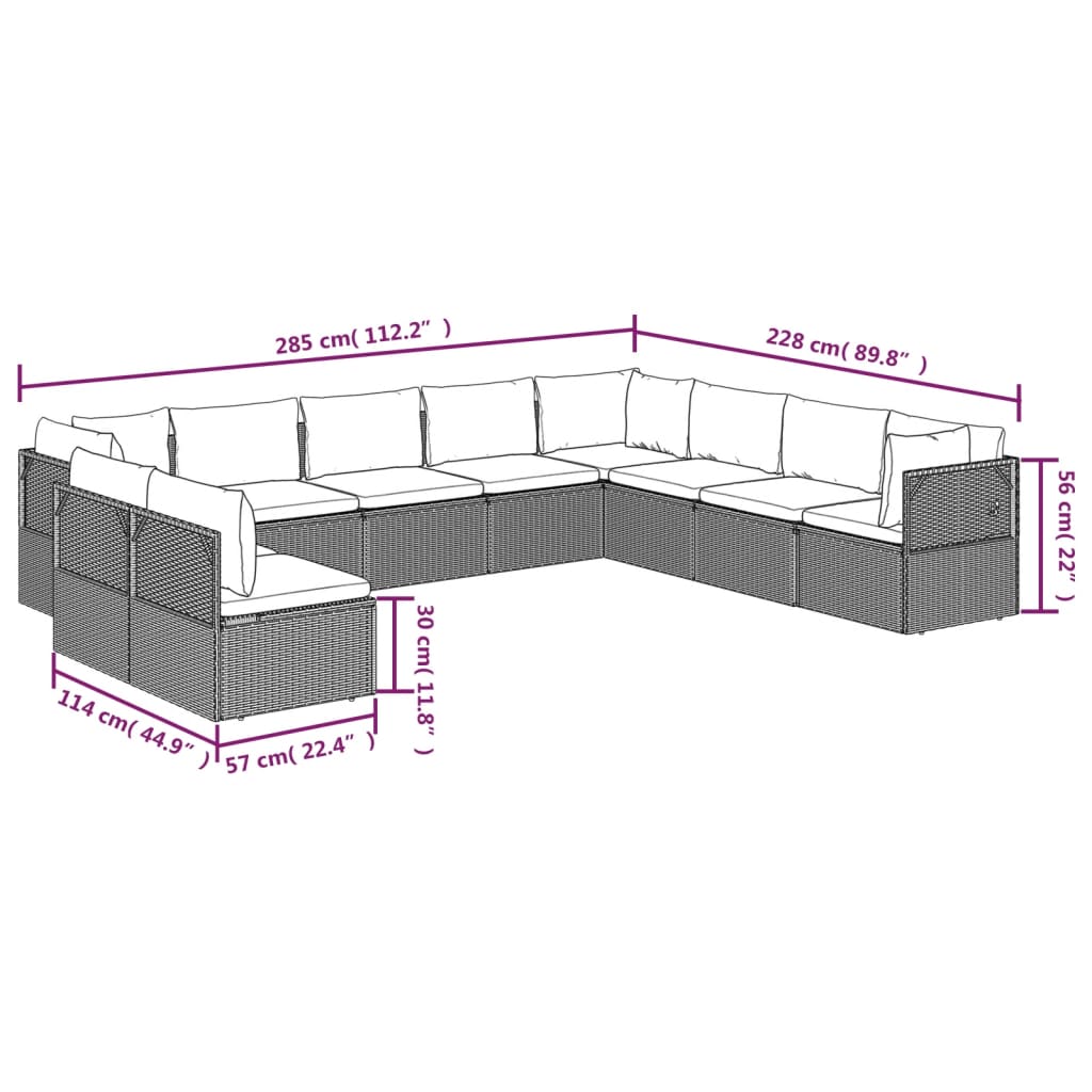 10 Piece Garden Lounge Set with Cushions Grey Poly Rattan
