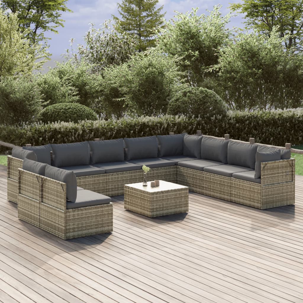 11 Piece Garden Lounge Set with Cushions Grey Poly Rattan