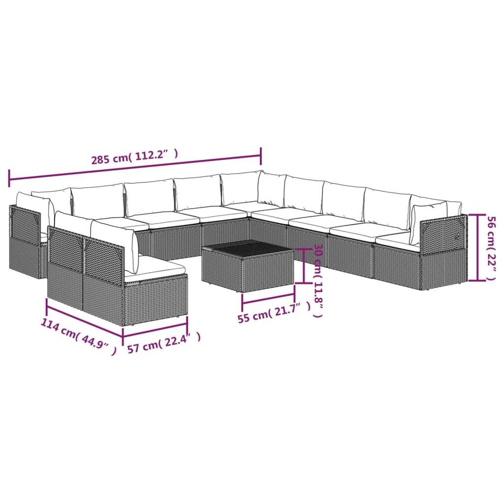 12 Piece Garden Lounge Set with Cushions Grey Poly Rattan