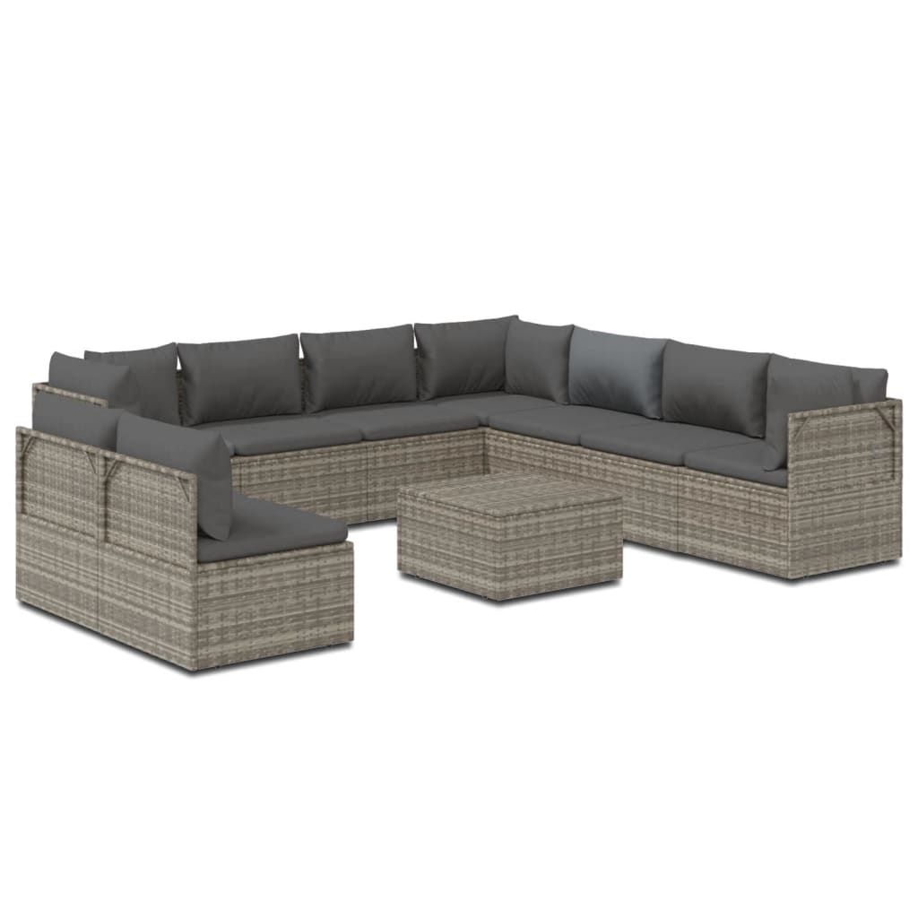 10 Piece Garden Lounge Set with Cushions Grey Poly Rattan