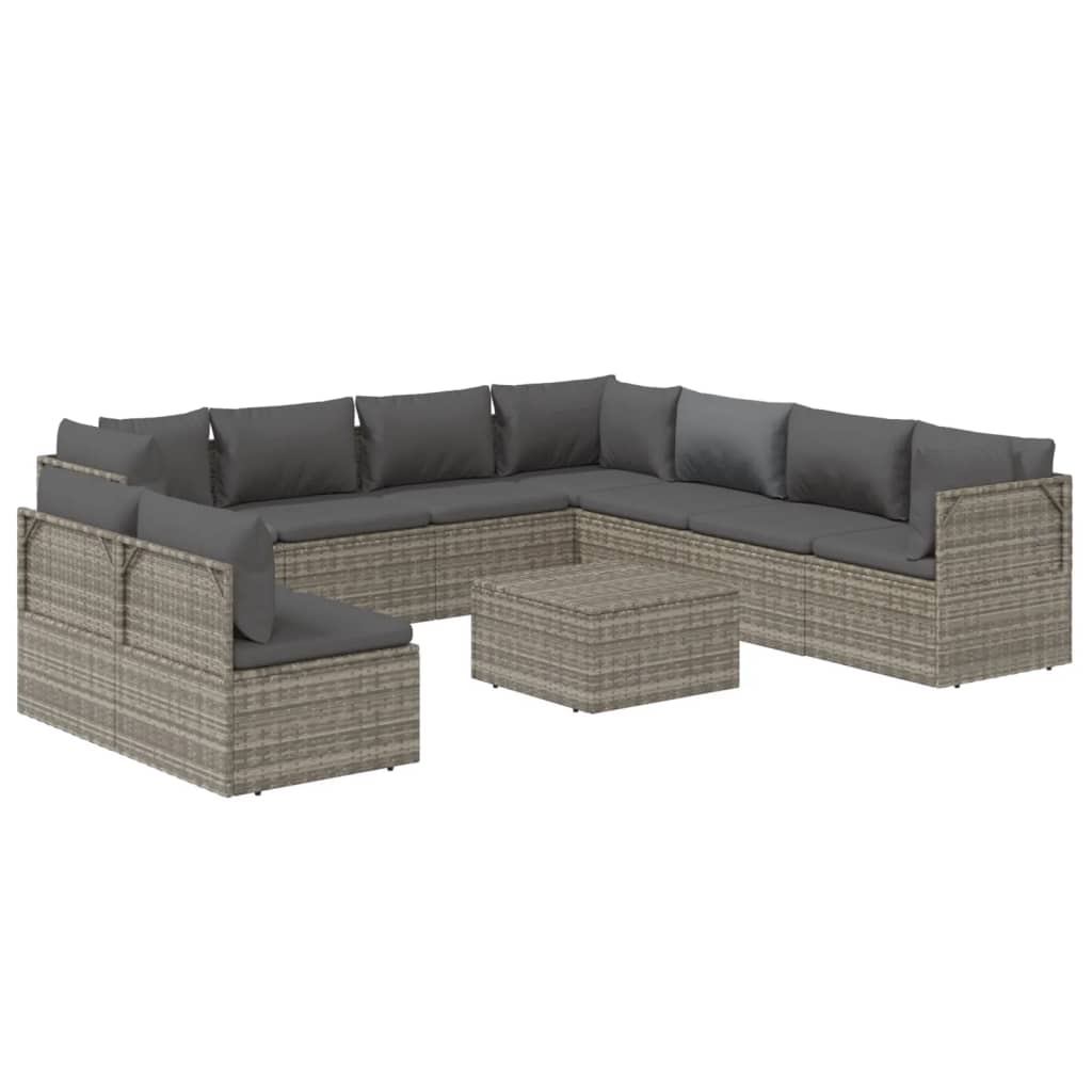 10 Piece Garden Lounge Set with Cushions Grey Poly Rattan