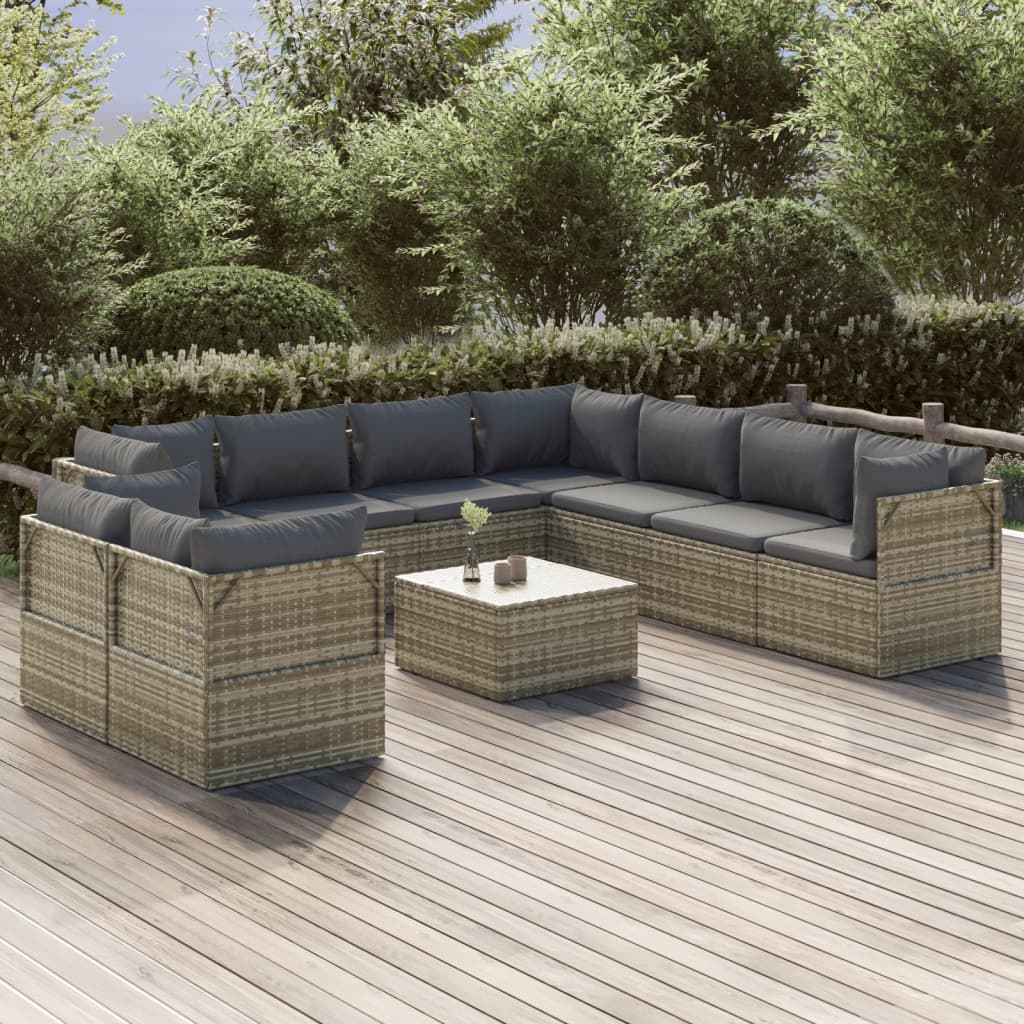 10 Piece Garden Lounge Set with Cushions Grey Poly Rattan
