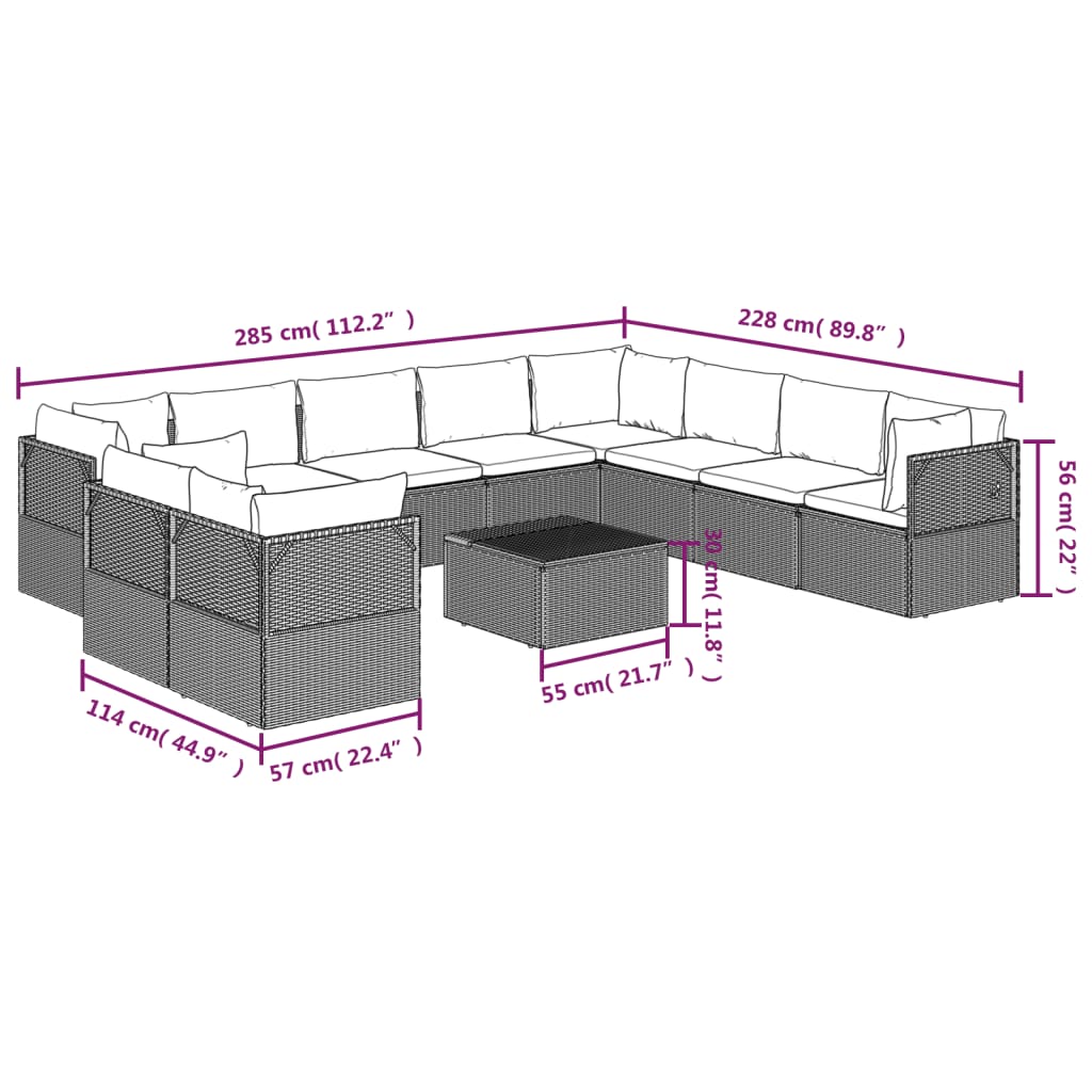 11 Piece Garden Lounge Set with Cushions Grey Poly Rattan