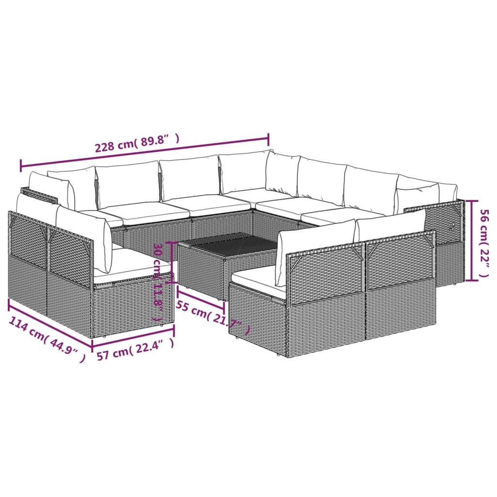 12 Piece Garden Lounge Set with Cushions Grey Poly Rattan