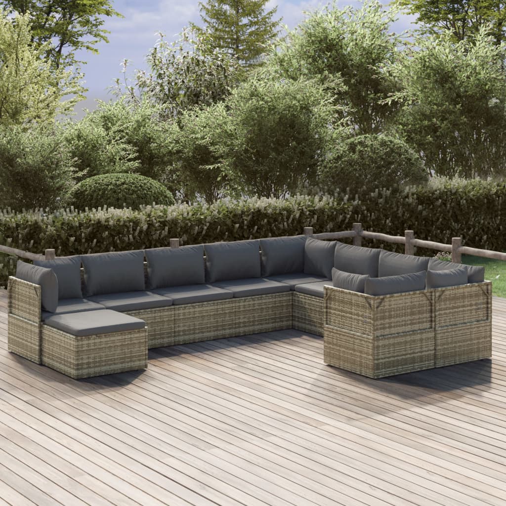 10 Piece Garden Lounge Set with Cushions Grey Poly Rattan