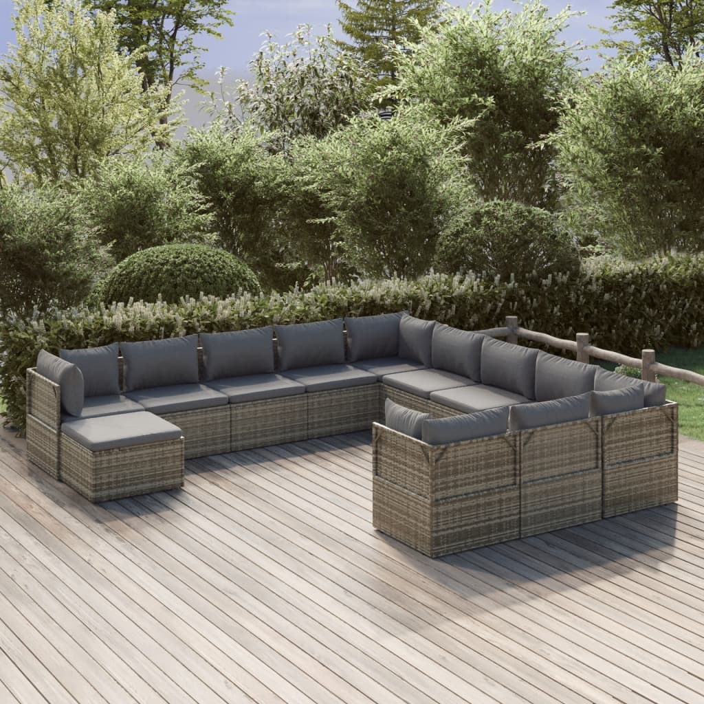 12 Piece Garden Lounge Set with Cushions Grey Poly Rattan