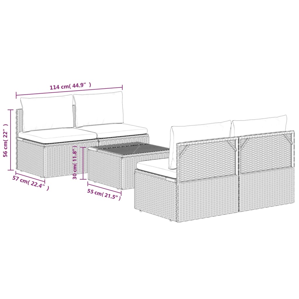 5 Piece Garden Lounge Set with Cushions Grey Poly Rattan