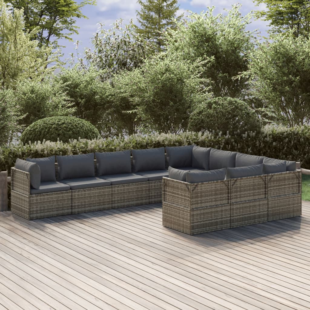 10 Piece Garden Lounge Set with Cushions Grey Poly Rattan