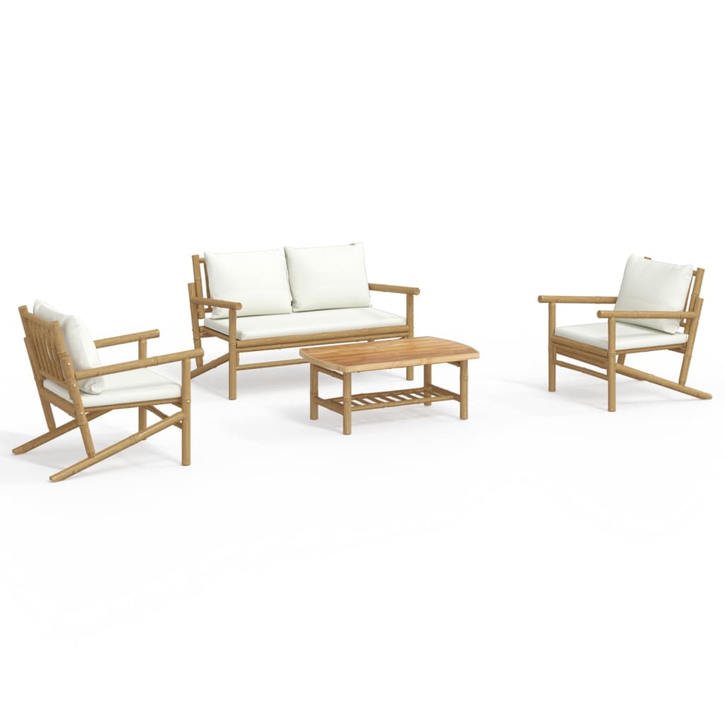 4 Piece Garden Lounge Set with Cream White Cushions Bamboo