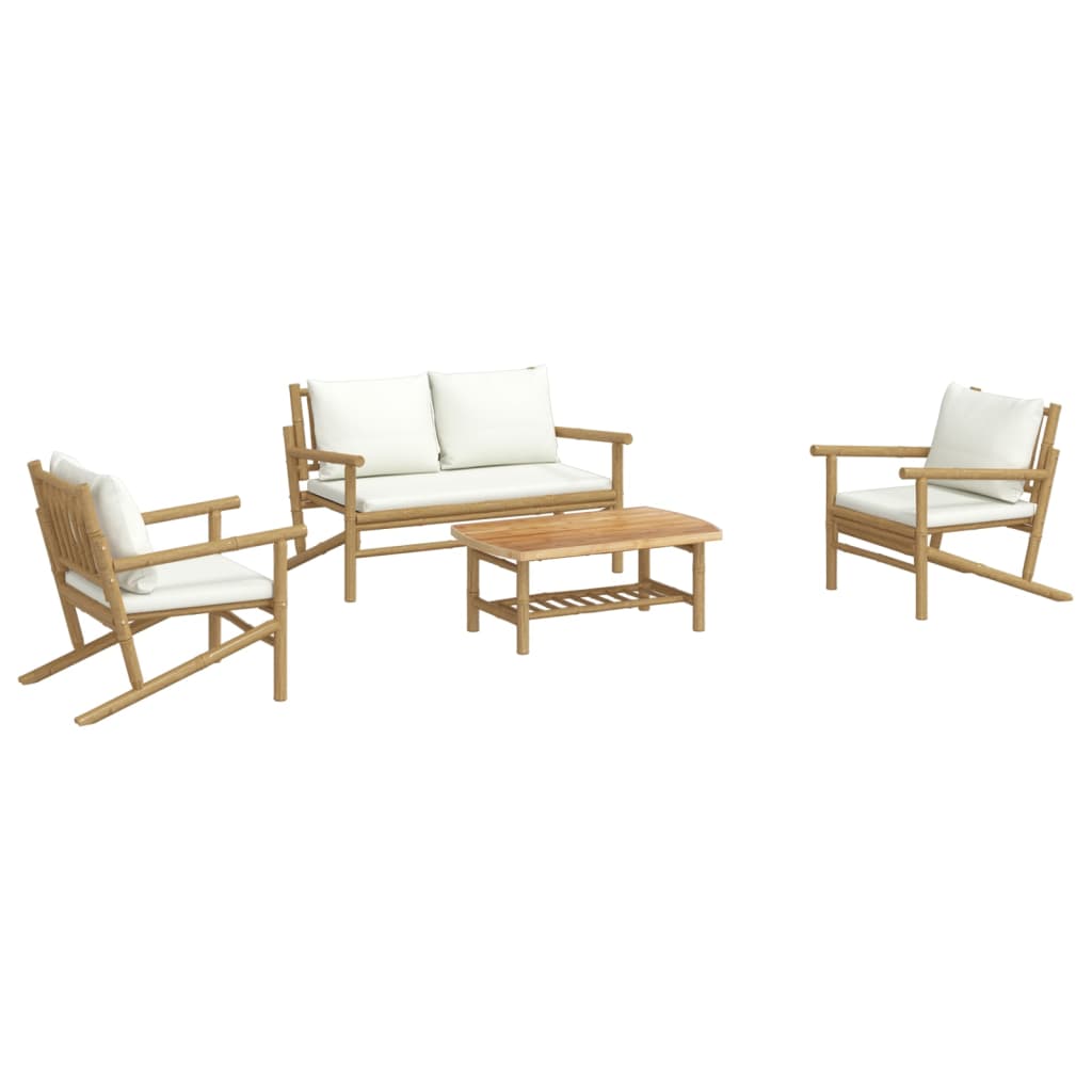 4 Piece Garden Lounge Set with Cream White Cushions Bamboo