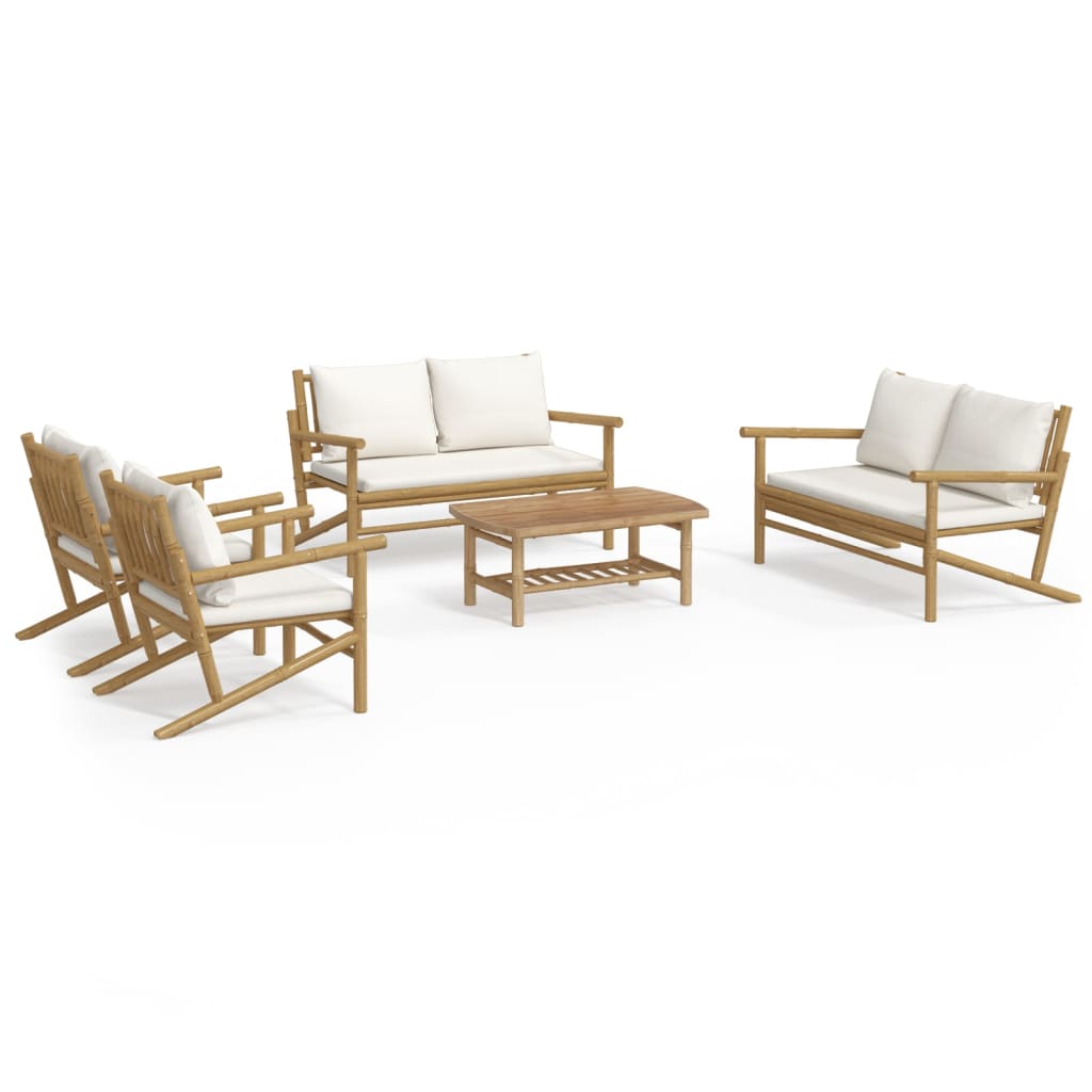 5 Piece Garden Lounge Set with Cream White Cushions Bamboo