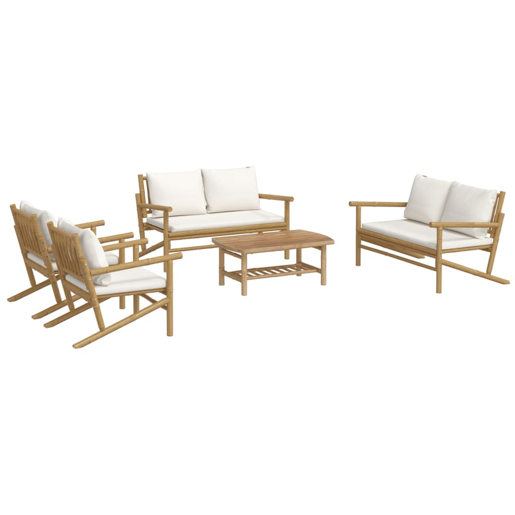 5 Piece Garden Lounge Set with Cream White Cushions Bamboo