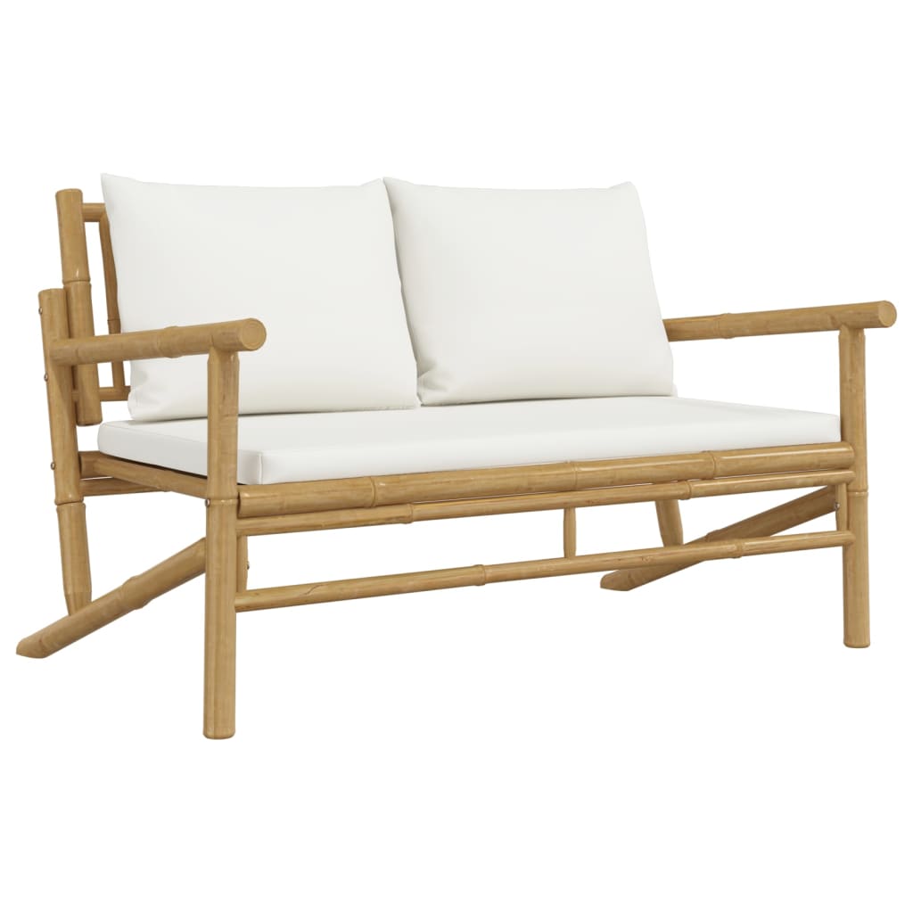 5 Piece Garden Lounge Set with Cream White Cushions Bamboo