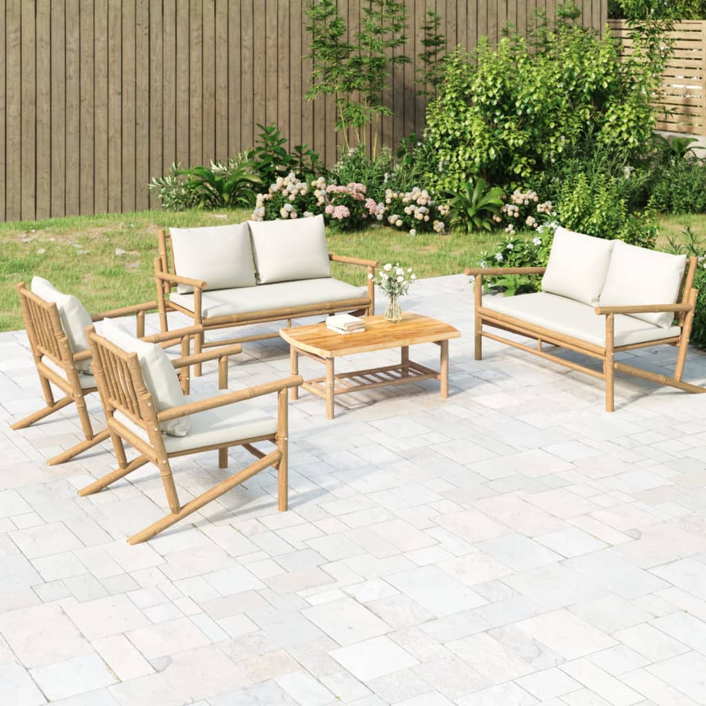 5 Piece Garden Lounge Set with Cream White Cushions Bamboo