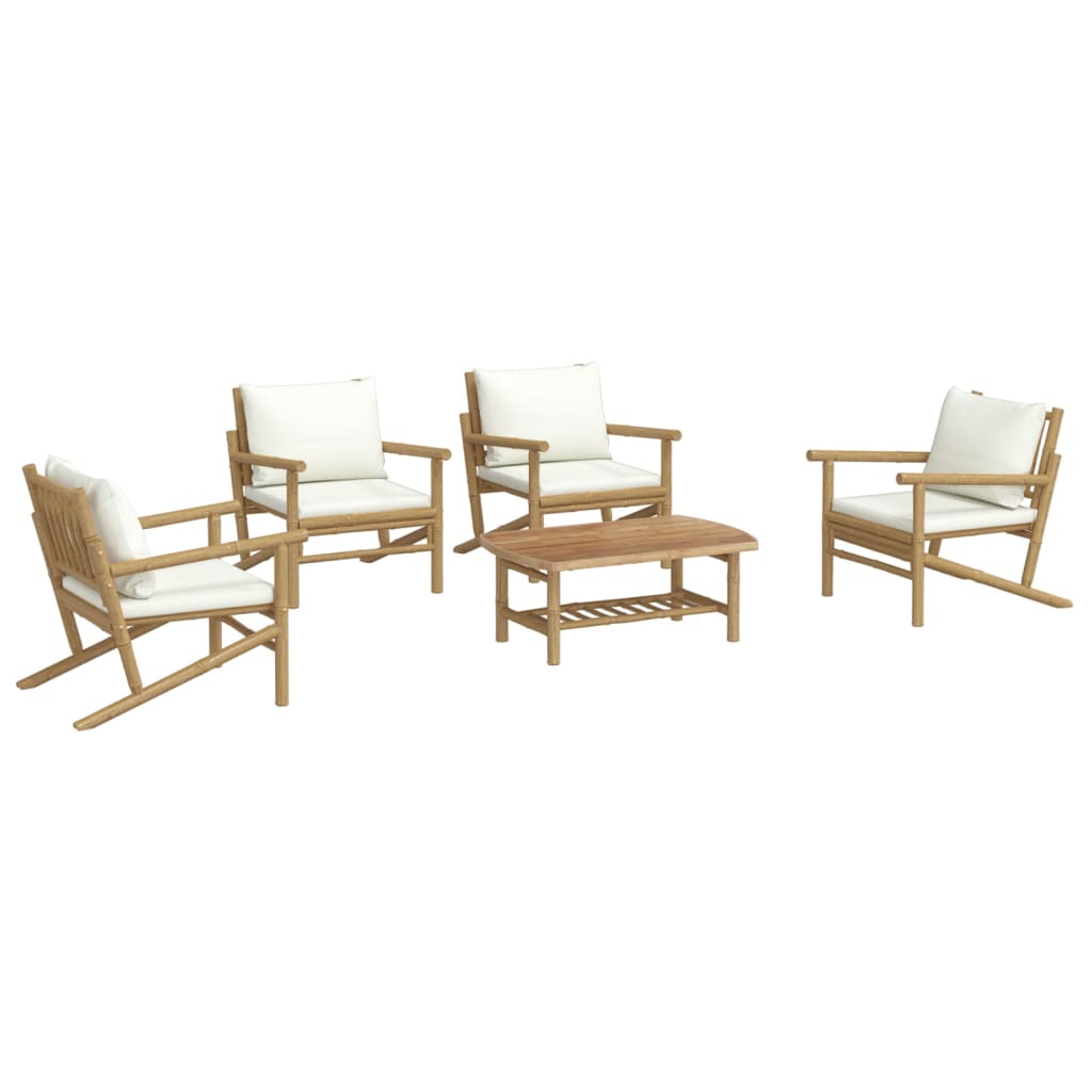 5 Piece Garden Lounge Set with Cream White Cushions Bamboo