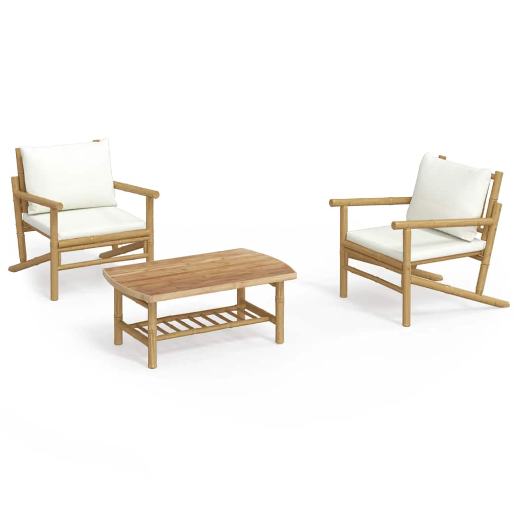 3 Piece Garden Lounge Set with Cream White Cushions Bamboo