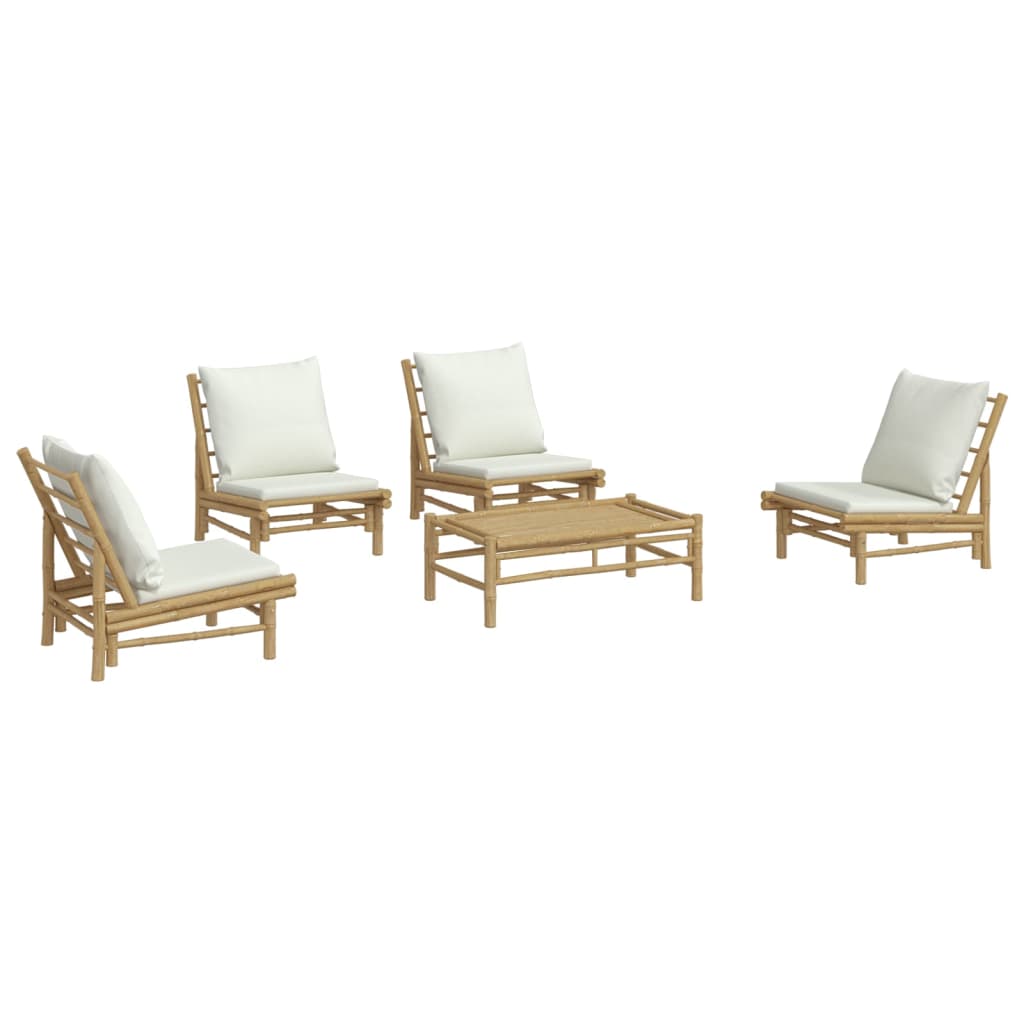 5 Piece Garden Lounge Set with Cream White Cushions Bamboo