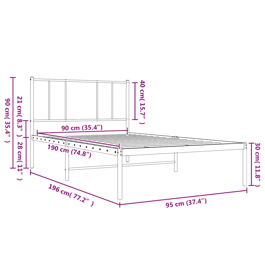 Metal Bed Frame without Mattress with Headboard White 90x190 cm