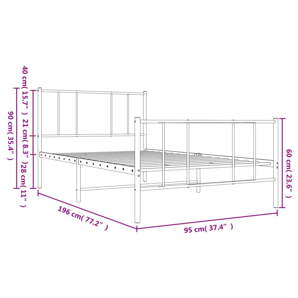 Metal Bed Frame without Mattress with Footboard White 90x190 cm