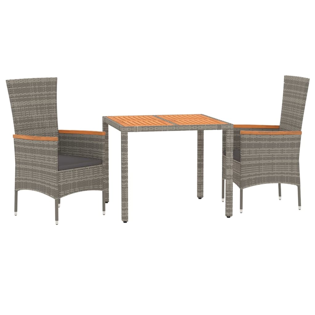 3 Piece Garden Dining Set with Cushions Grey Poly Rattan