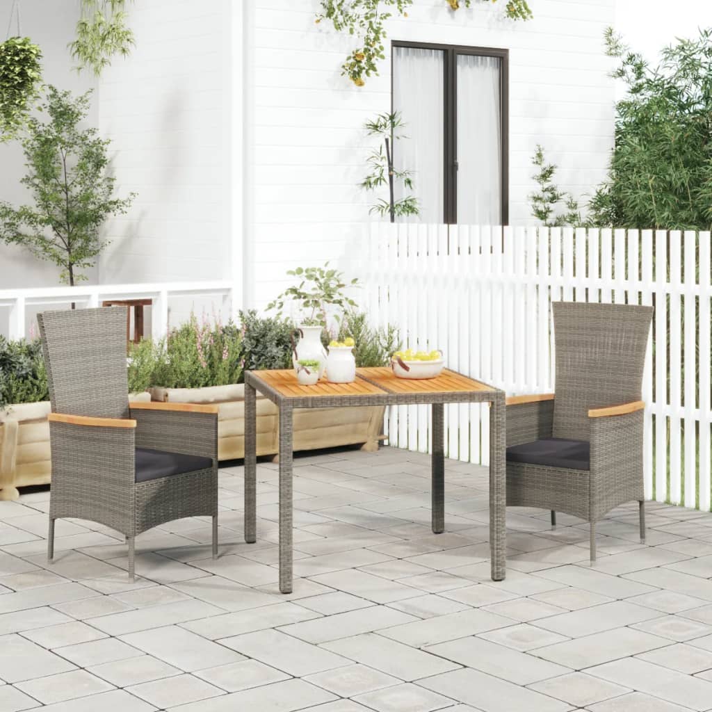 3 Piece Garden Dining Set with Cushions Grey Poly Rattan