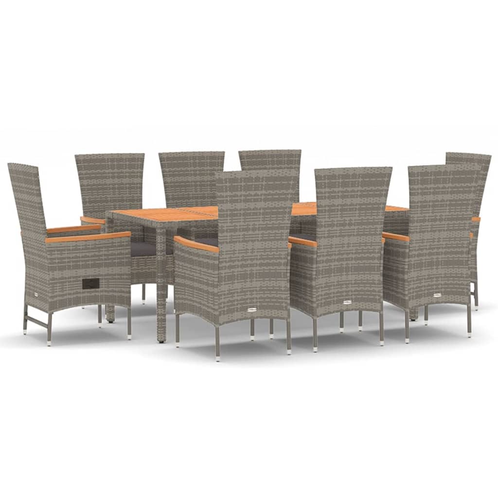 9 Piece Garden Dining Set with Cushions Grey Poly Rattan