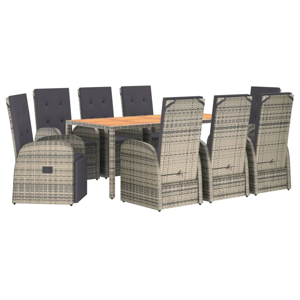 9 Piece Garden Dining Set with Cushions Grey Poly Rattan