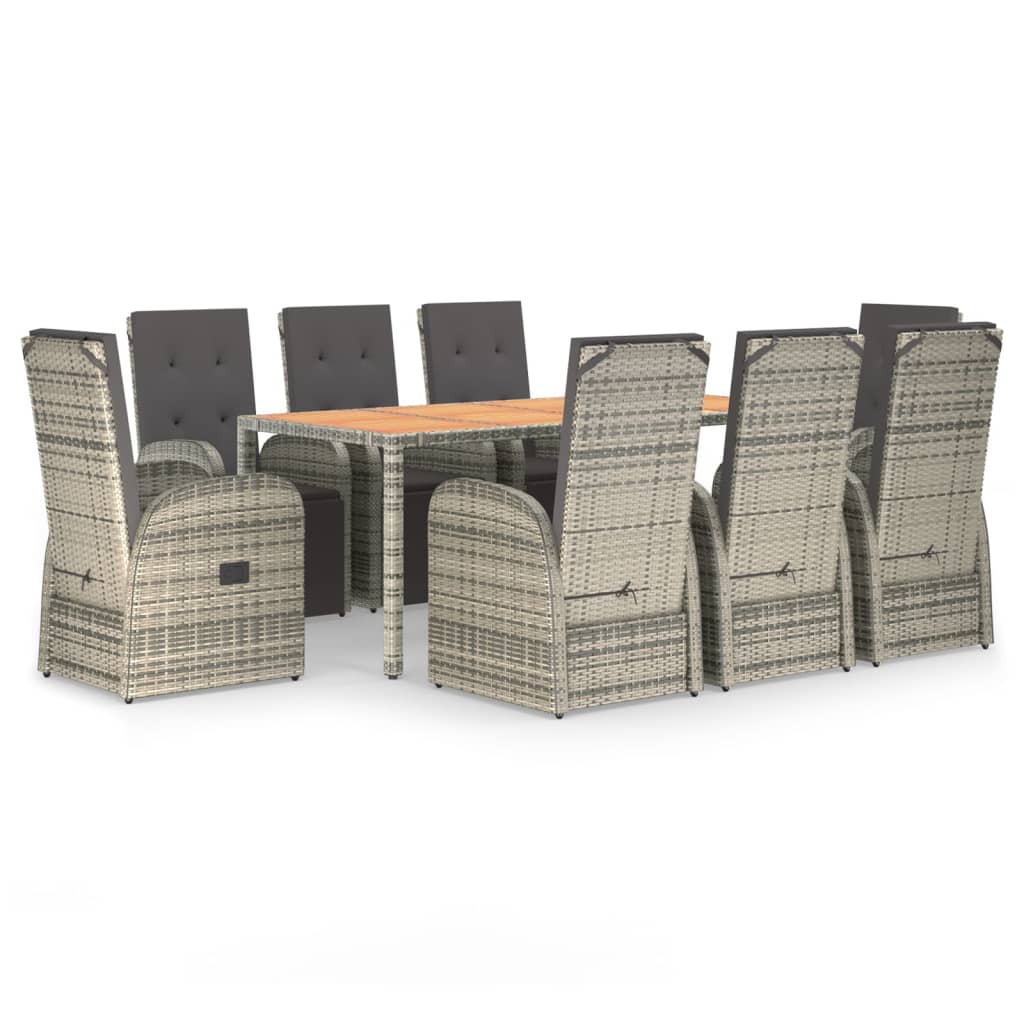 9 Piece Garden Dining Set with Cushions Grey Poly Rattan