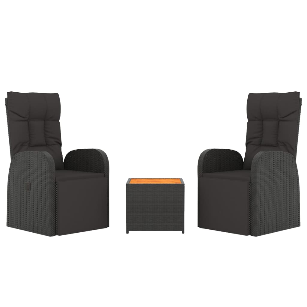 3 Piece Garden Lounge Set Black Poly Rattan&Solid Wood Acacia