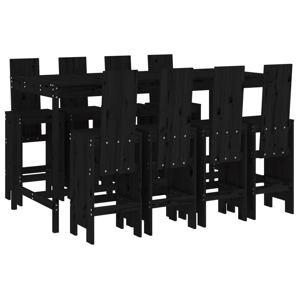 9 Piece Garden Bar Set Black Solid Wood Pine
