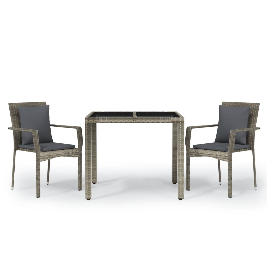 3 Piece Garden Dining Set with Cushions Grey Poly Rattan