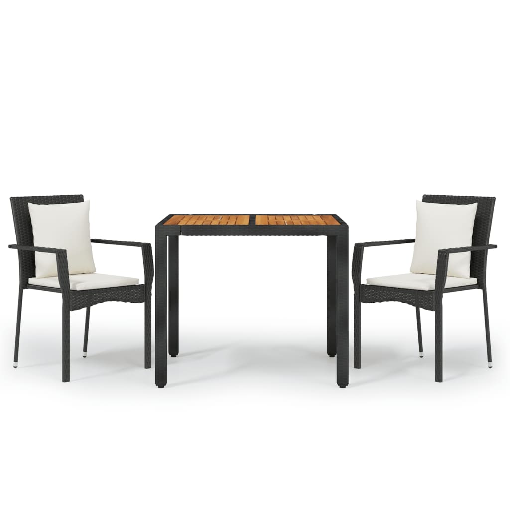 3 Piece Garden Dining Set with Cushions Black Poly Rattan