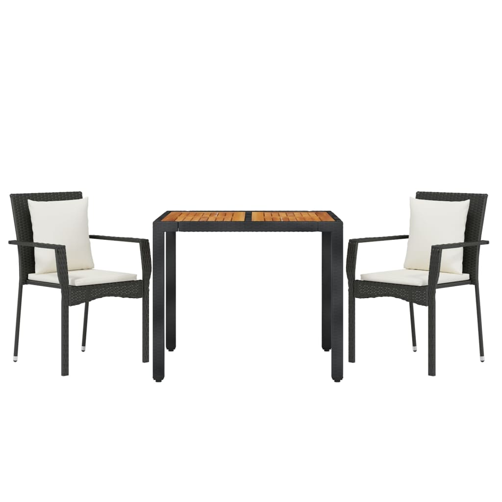 3 Piece Garden Dining Set with Cushions Black Poly Rattan