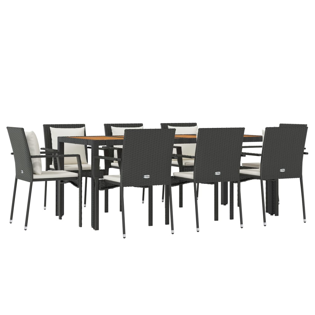 9 Piece Garden Dining Set with Cushions Black Poly Rattan