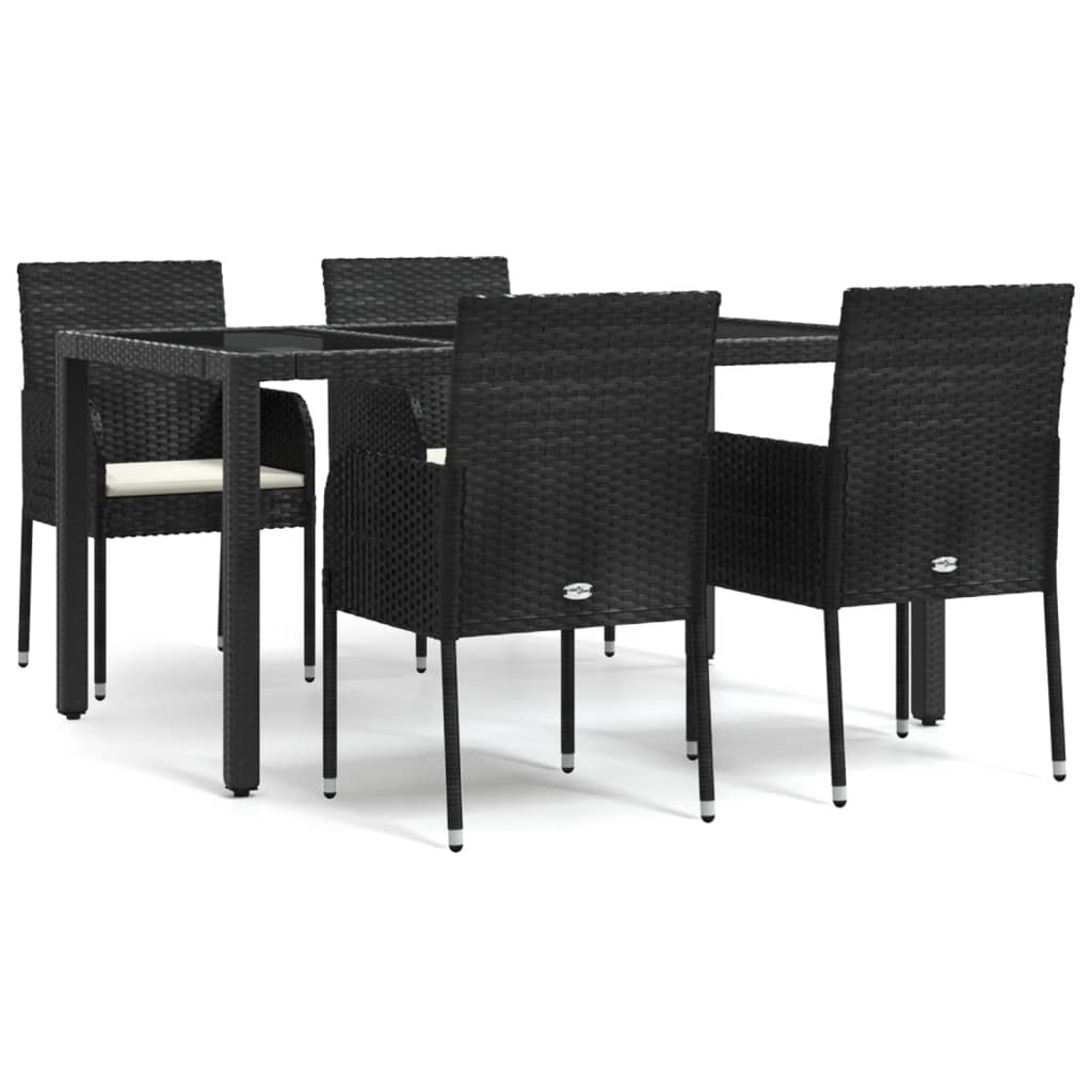 5 Piece Garden Dining Set with Cushions Black Poly Rattan