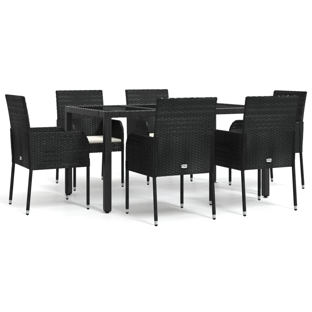 7 Piece Garden Dining Set with Cushions Black Poly Rattan