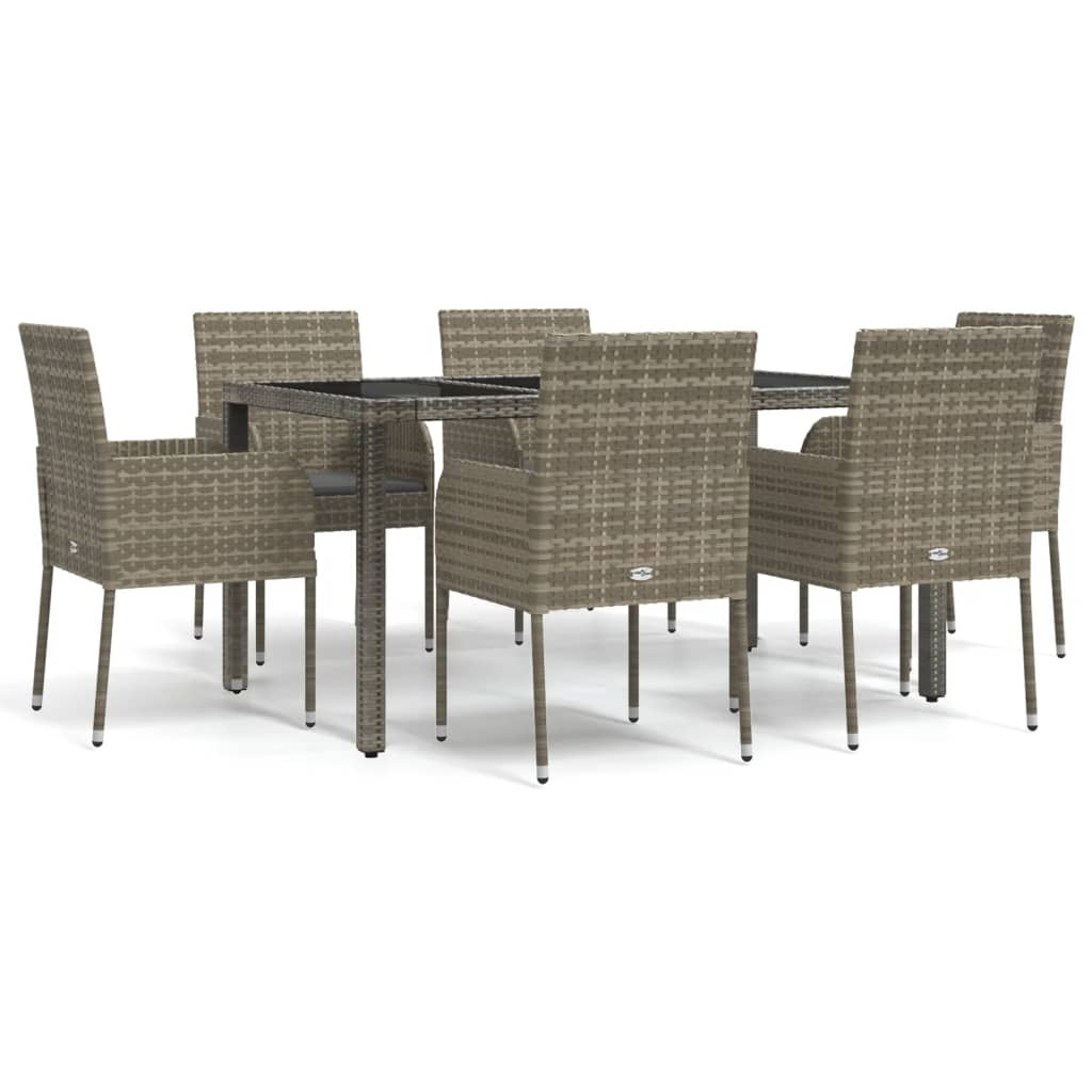 7 Piece Garden Dining Set with Cushions Grey Poly Rattan