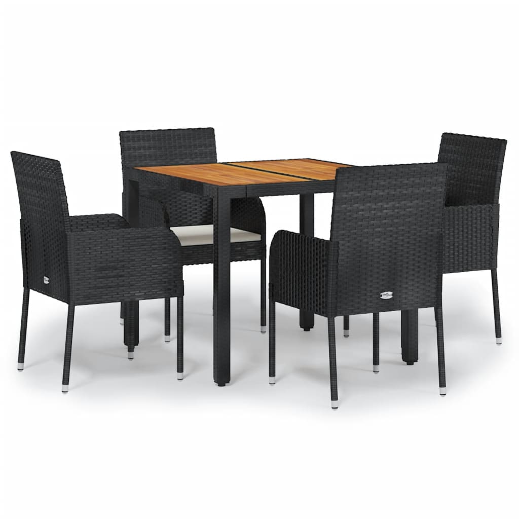 5 Piece Garden Dining Set with Cushions Black Poly Rattan