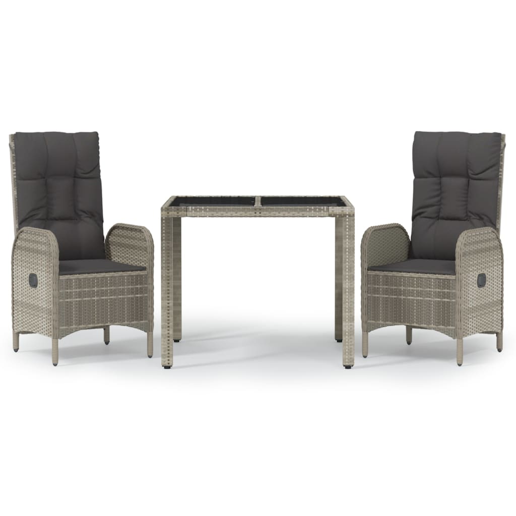 3 Piece Garden Dining Set with Cushions Grey Poly Rattan