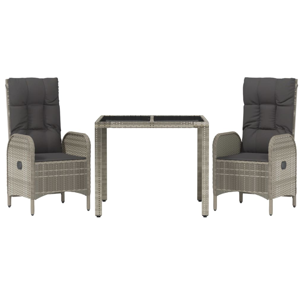 3 Piece Garden Dining Set with Cushions Grey Poly Rattan