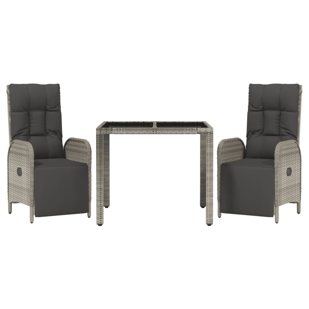 3 Piece Garden Dining Set with Cushions Grey Poly Rattan