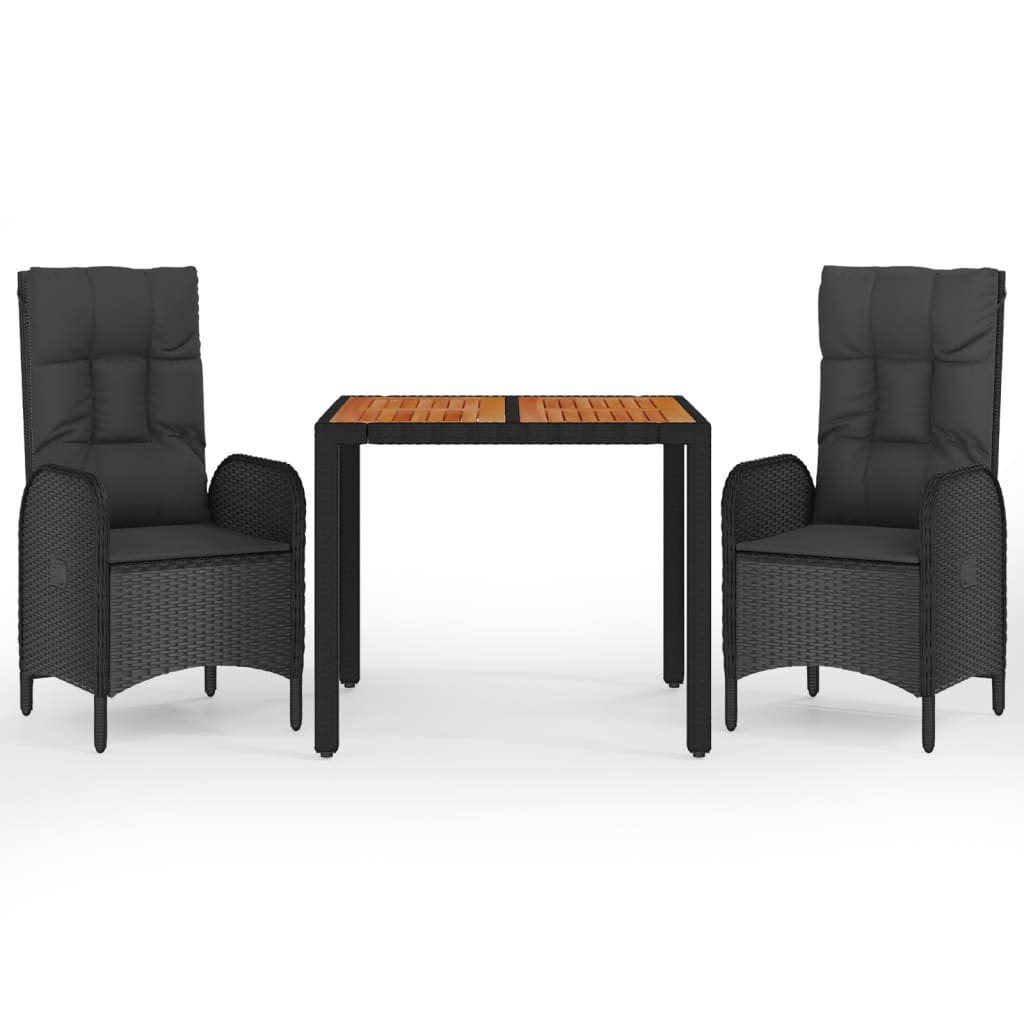 3 Piece Garden Dining Set with Cushions Black Poly Rattan