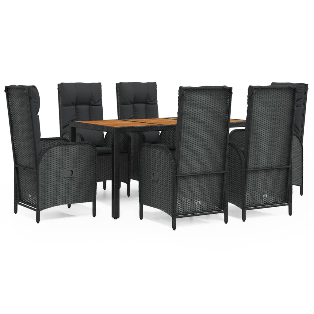 7 Piece Garden Dining Set with Cushions Black Poly Rattan