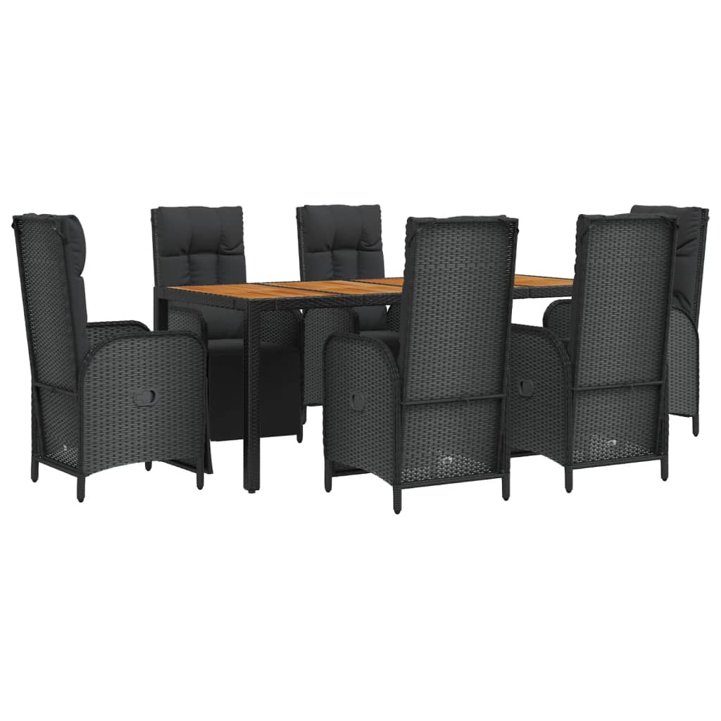 7 Piece Garden Dining Set with Cushions Black Poly Rattan