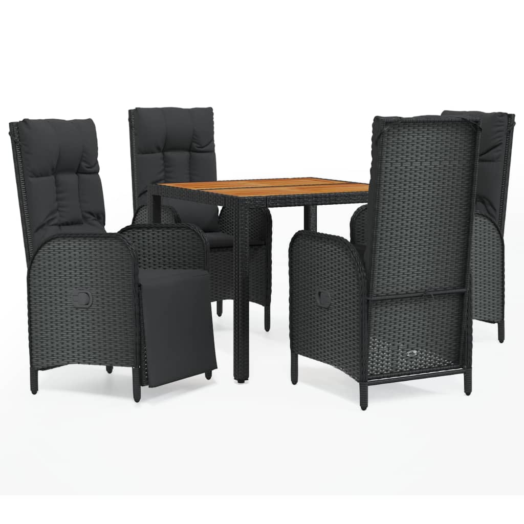 5 Piece Garden Dining Set with Cushions Black Poly Rattan
