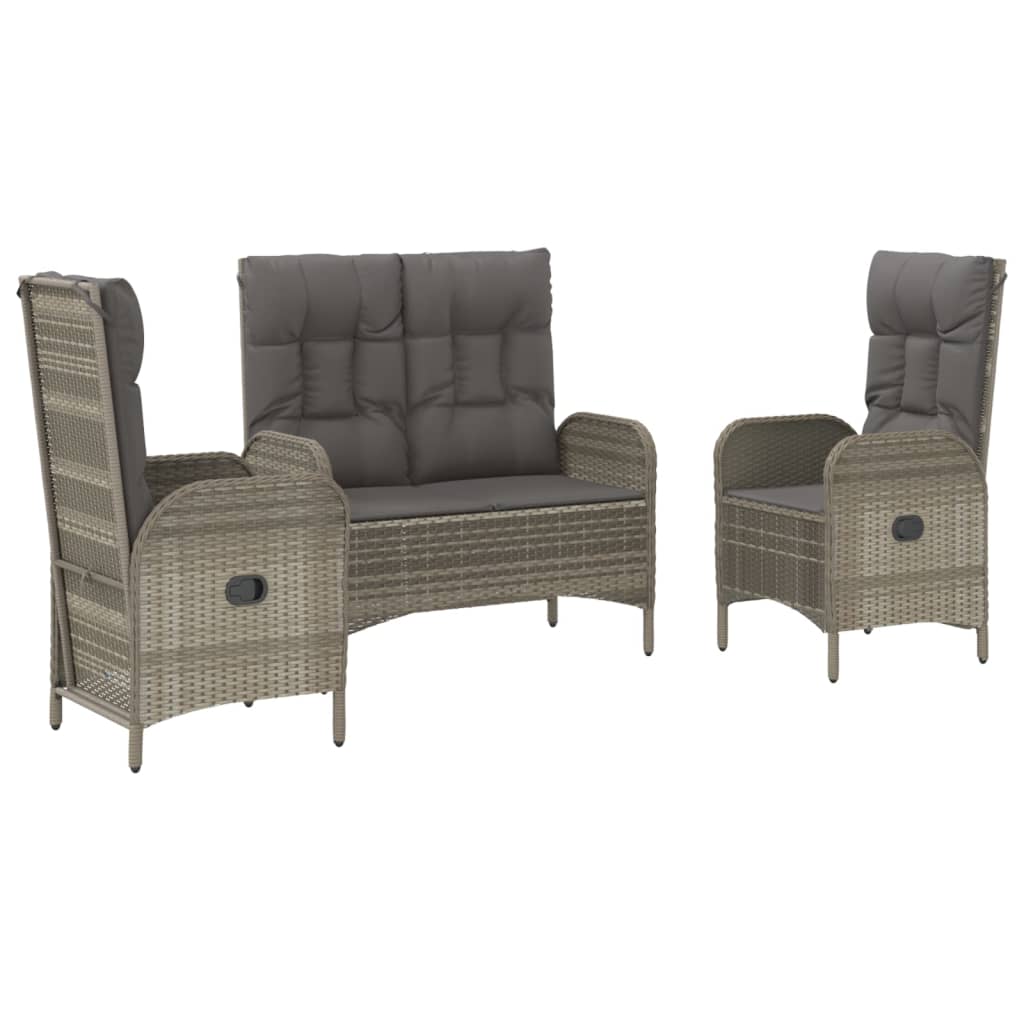 3 Piece Garden Dining Set with Cushions Grey Poly Rattan