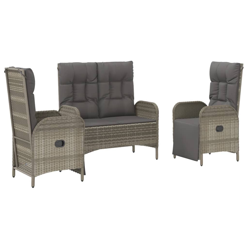 3 Piece Garden Dining Set with Cushions Grey Poly Rattan