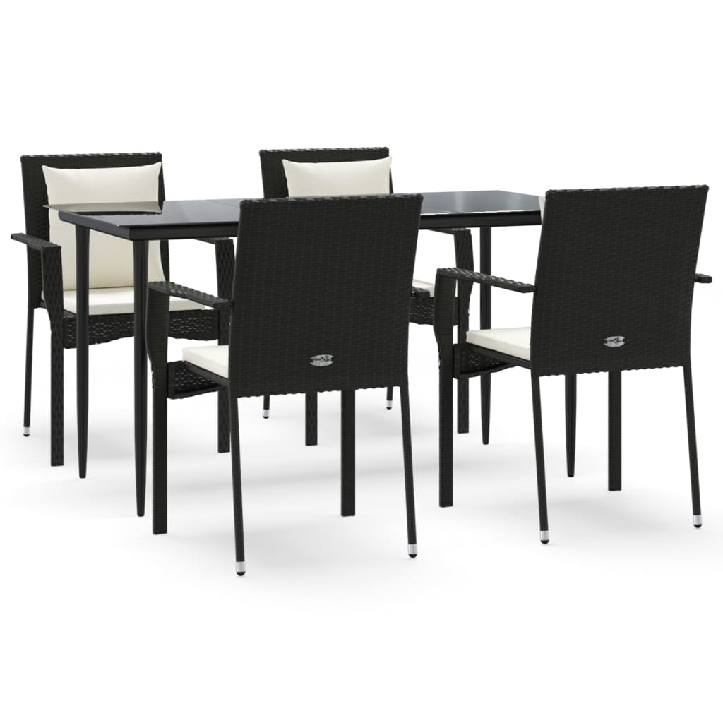 5 Piece Garden Dining Set with Cushions Black Poly Rattan